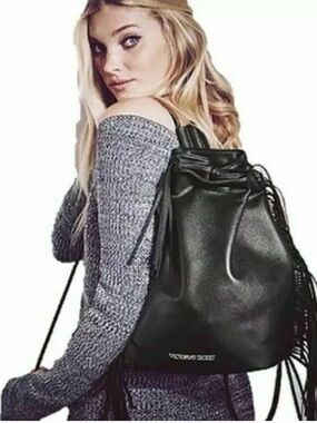Victoria's Secret Black Fringe Drawstring Backpack lightweight logo boho